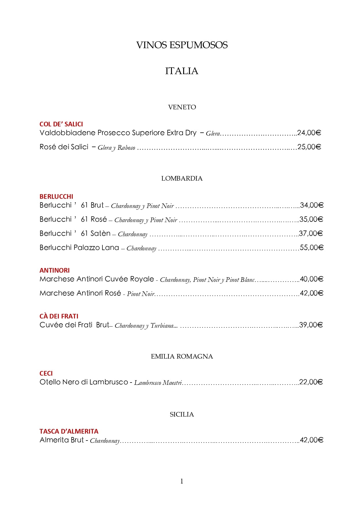 Carta de vinos: Página 01