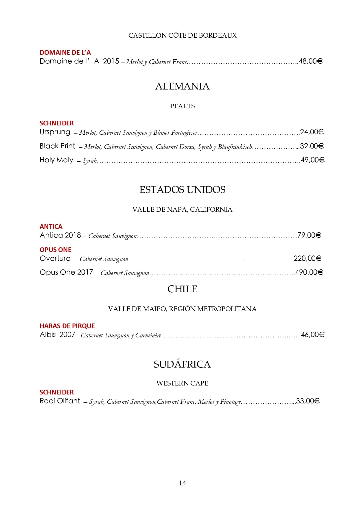 Carta de vinos: Página 14