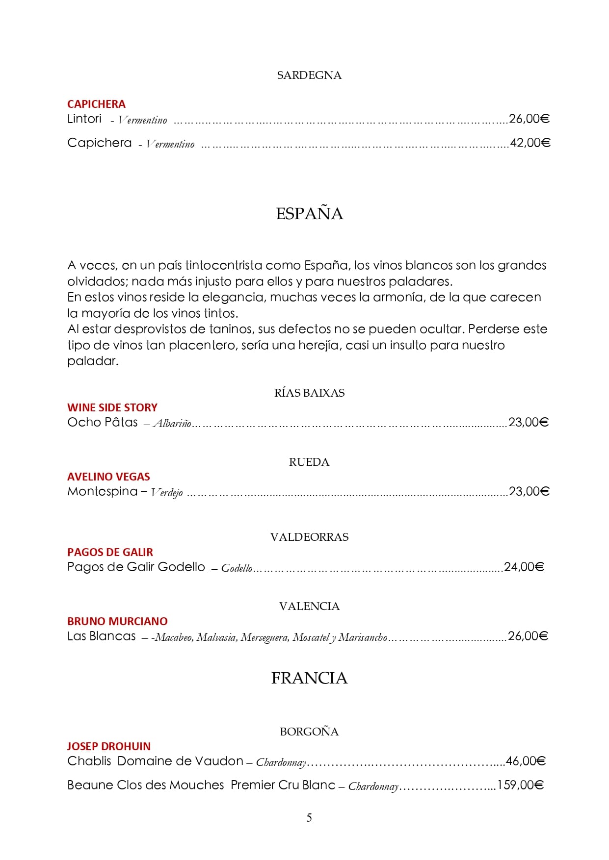 Carta de vinos: Página 05